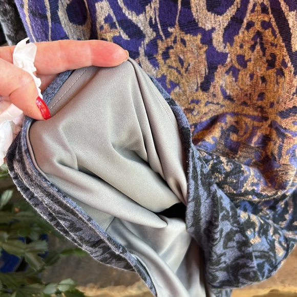 Purple, Blue & Gold Patterned Size 12 Dress; Mid Calf; Scoop Neck; 3/4 Sleeves - Picture 7 of 10